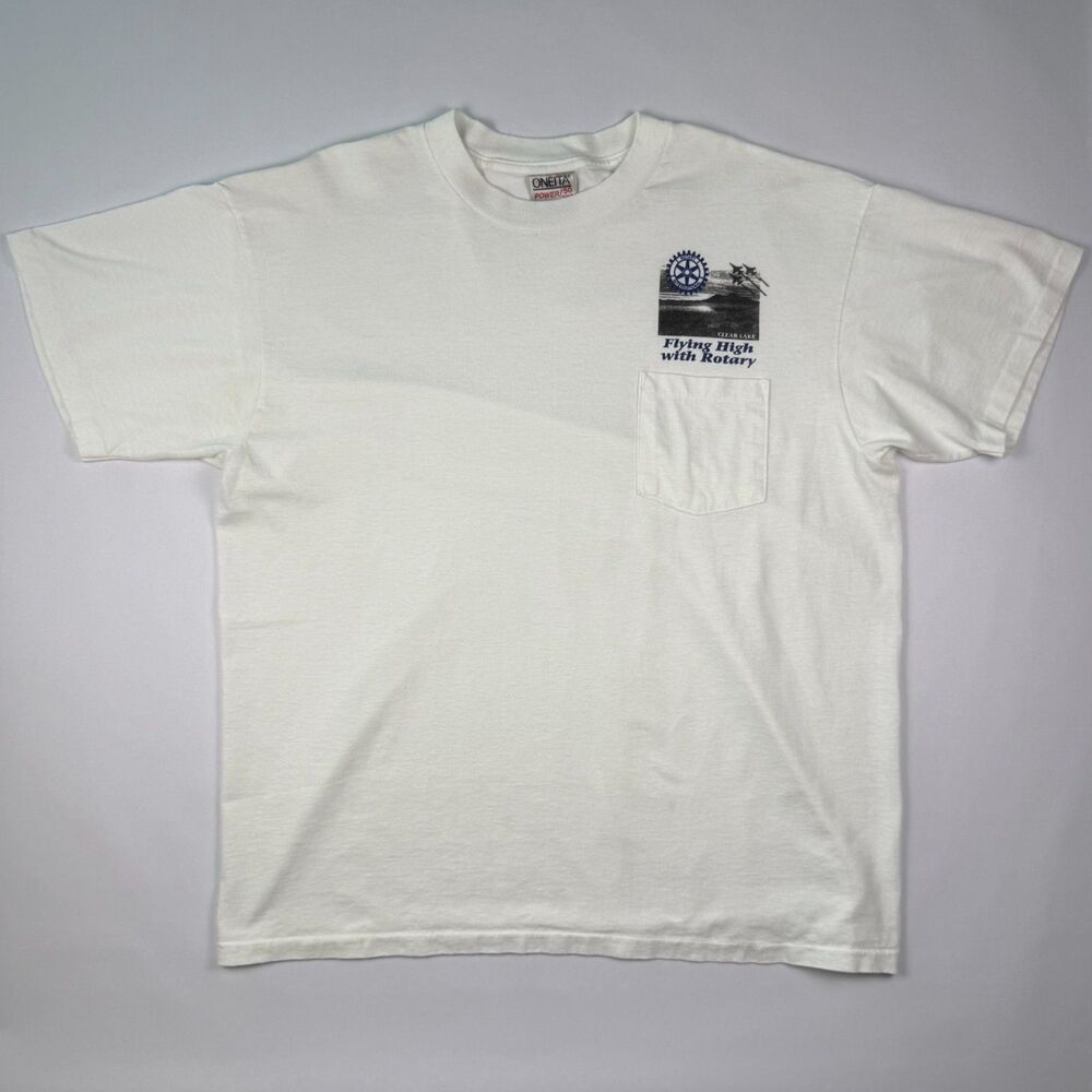 Vintage 90s Rotary Flying High Clear Lake Pocket T-Shirt XL White USA Tee